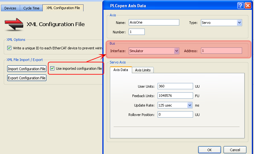 PLCopen Axis Parameters with Imported XML